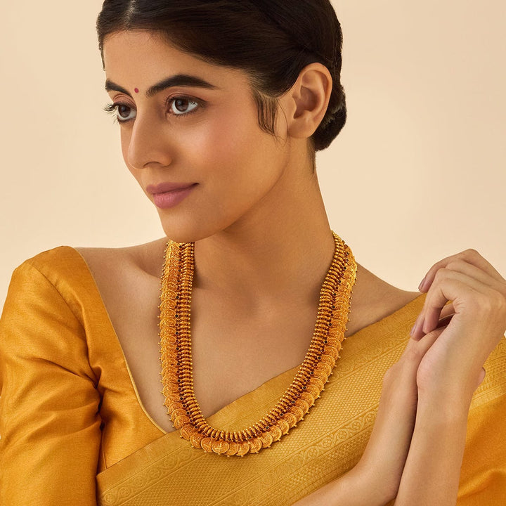 Pure 92.5 Silver Vintage Style Gold-Plated Lakshmi Kaasu Necklace with Ruby and green Stone Details
