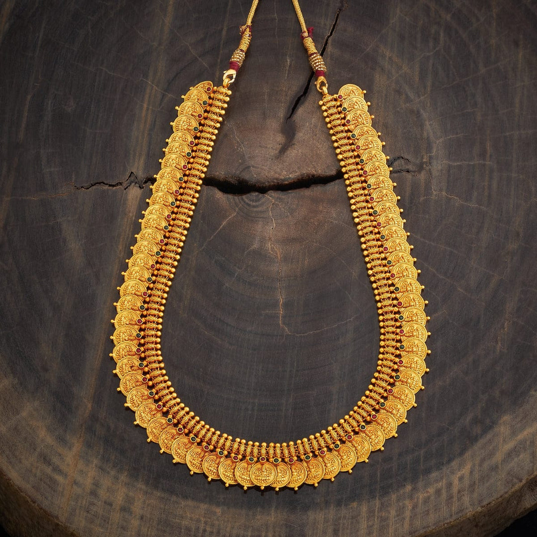 Pure 92.5 Silver Vintage Style Gold-Plated Lakshmi Kaasu Necklace with Ruby and green Stone Details