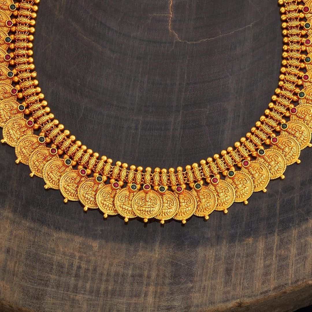 Pure 92.5 Silver Vintage Style Gold-Plated Lakshmi Kaasu Necklace with Ruby and green Stone Details