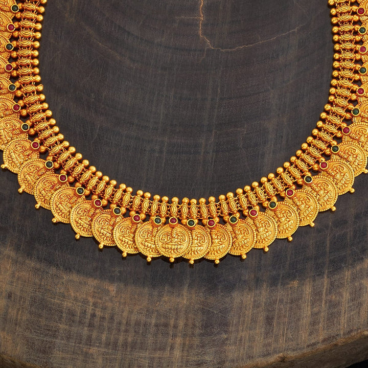 Pure 92.5 Silver Vintage Style Gold-Plated Lakshmi Kaasu Necklace with Ruby and green Stone Details