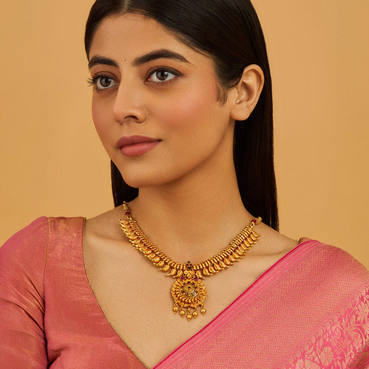 Pure 92.5 Silver Gold-Plated Intricate Mango Motifs Necklace with Gemstone Pendant and Gold Drops