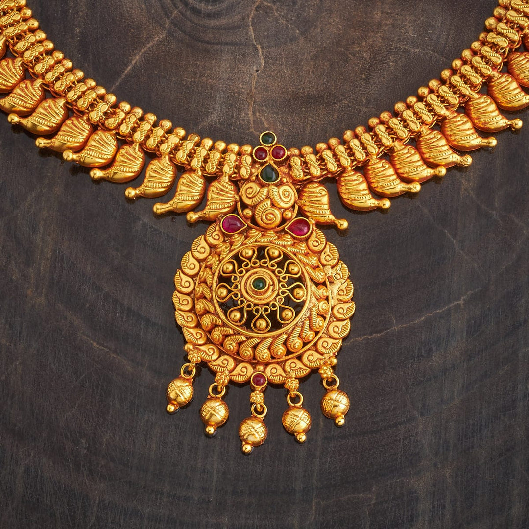 Pure 92.5 Silver Gold-Plated Intricate Mango Motifs Necklace with Gemstone Pendant and Gold Drops