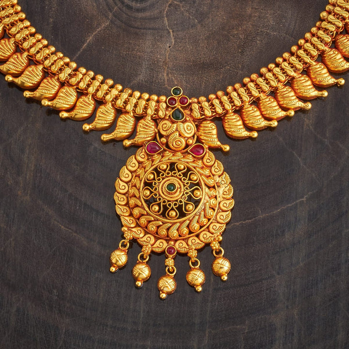 Pure 92.5 Silver Gold-Plated Intricate Mango Motifs Necklace with Gemstone Pendant and Gold Drops