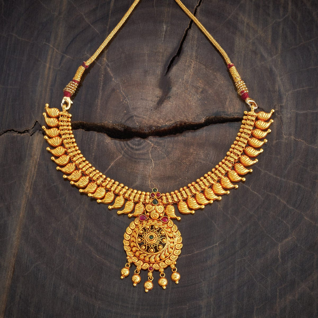 Pure 92.5 Silver Gold-Plated Intricate Mango Motifs Necklace with Gemstone Pendant and Gold Drops