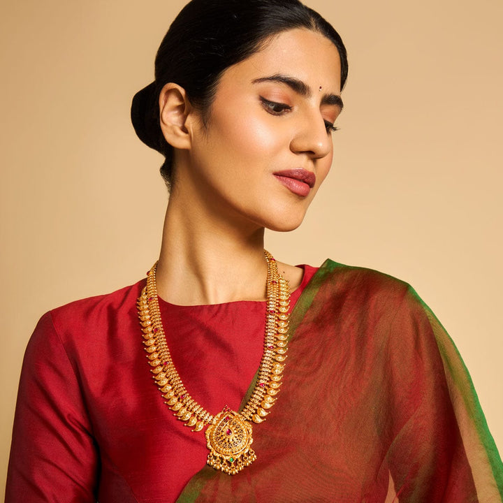 Pure 92.5 Silver Gold-Plated Mango Motifs Necklace with Drop Shaped Pendant and Danglin Beads