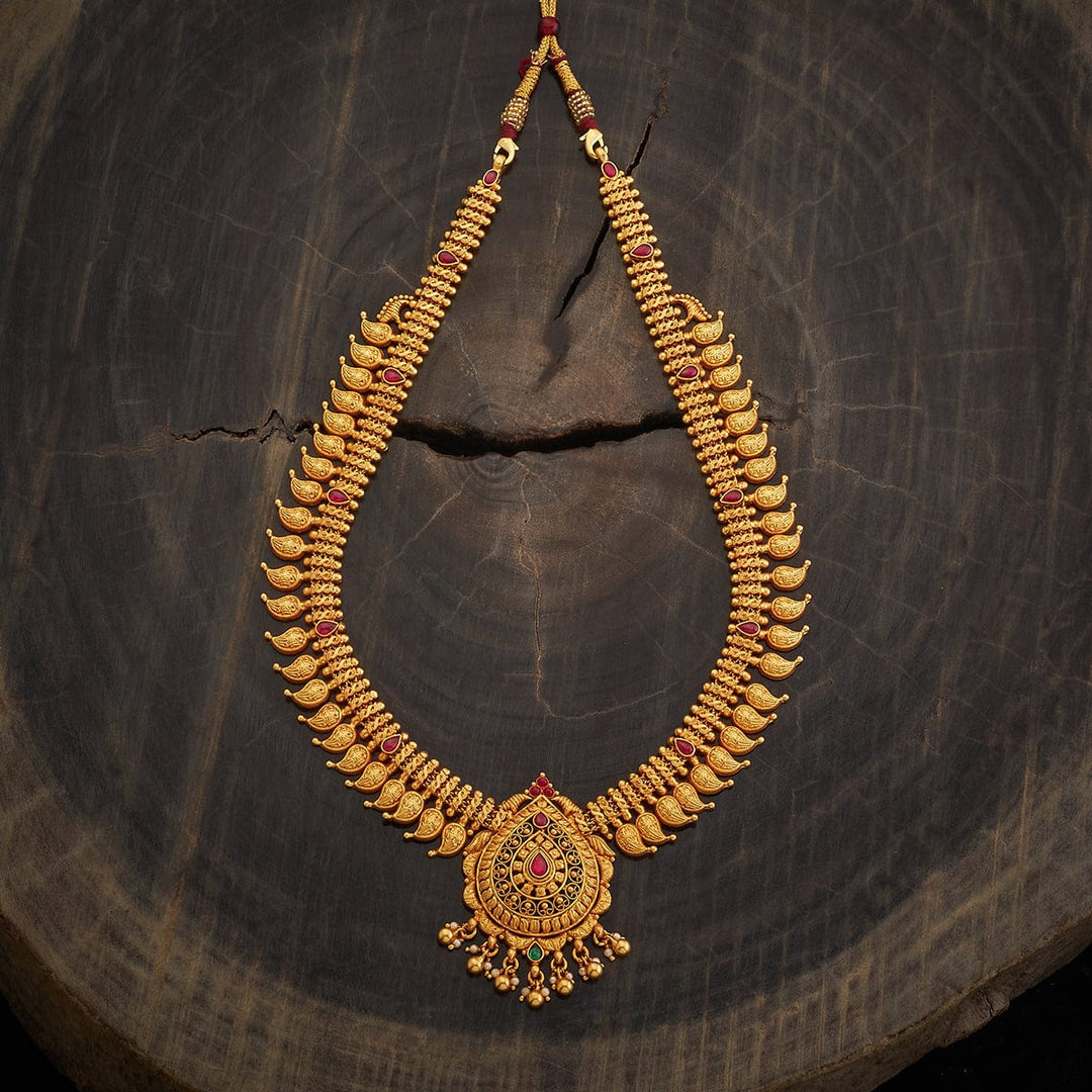 Pure 92.5 Silver Gold-Plated Mango Motifs Necklace with Drop Shaped Pendant and Danglin Beads