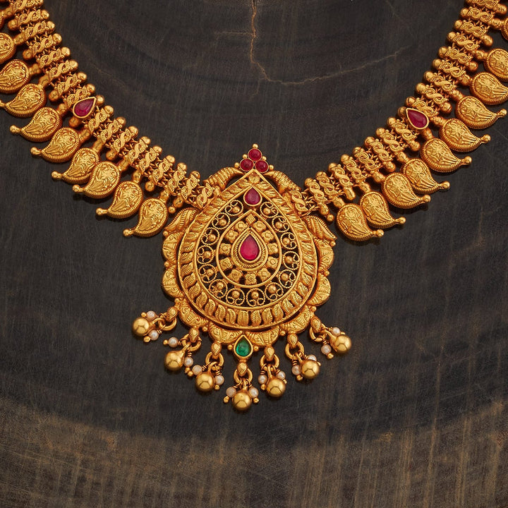 Pure 92.5 Silver Gold-Plated Mango Motifs Necklace with Drop Shaped Pendant and Danglin Beads