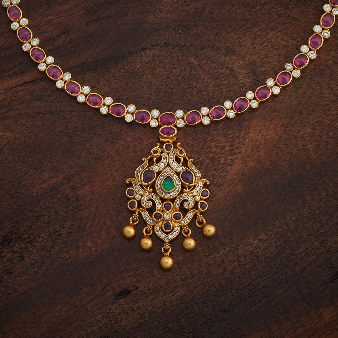 Pure 92.5 Silver Gold-Plated Ruby-White Stone Necklace with Twin Peacock Pendant and Gold Bead Drops