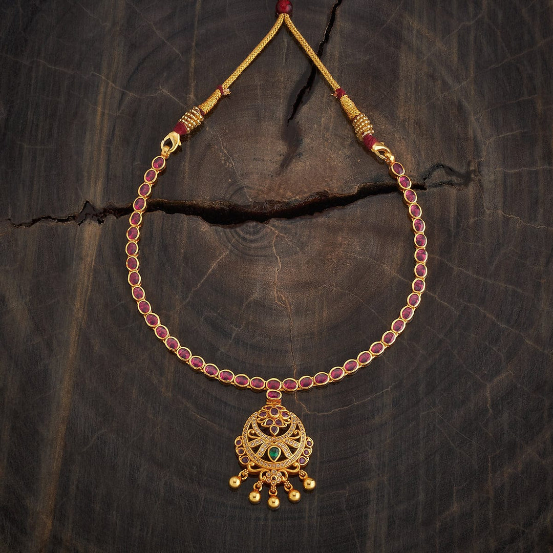 Pure 92.5 Silver Gold-Plated Ruby Necklace with Emerald Centerpiece, White Accents, and Gold Bead Drops