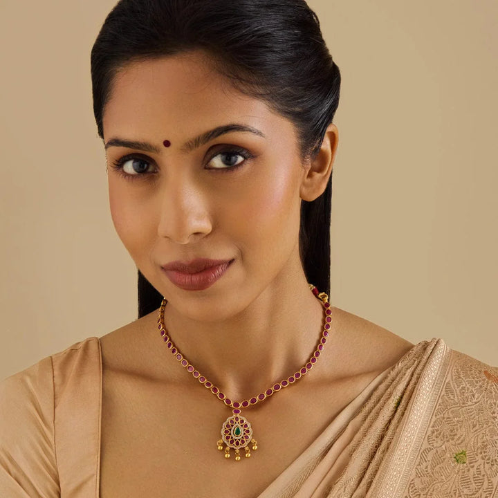 Pure 92.5 Silver Gold-Plated Ruby Necklace with White Stone Teardrop Design Pendant and Gold Beads Danglings