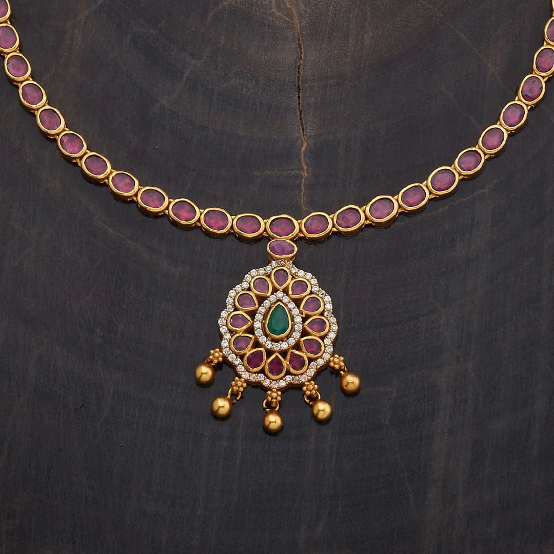 Pure 92.5 Silver Gold-Plated Ruby Necklace with White Stone Teardrop Design Pendant and Gold Beads Danglings