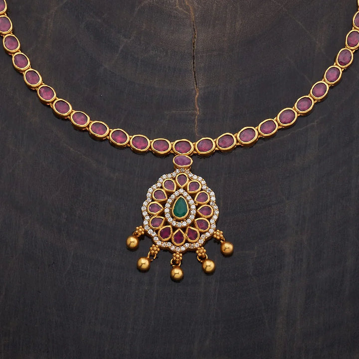 Pure 92.5 Silver Gold-Plated Ruby Necklace with White Stone Teardrop Design Pendant and Gold Beads Danglings