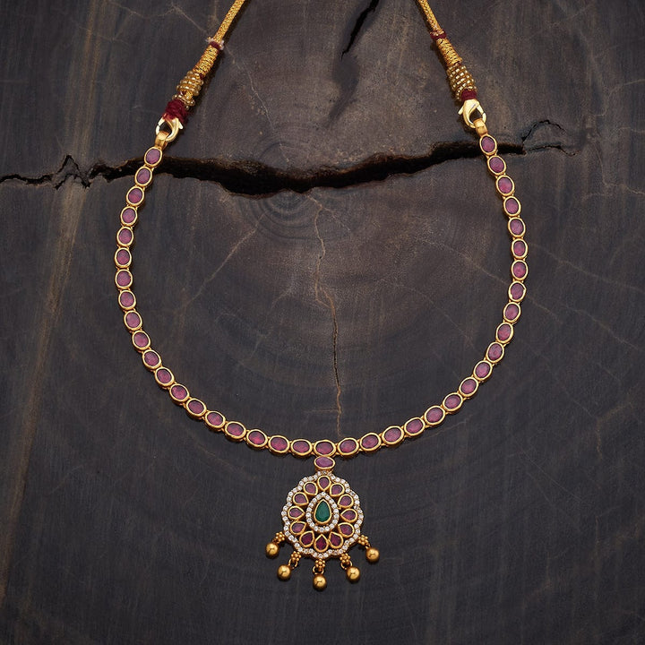 Pure 92.5 Silver Gold-Plated Ruby Necklace with White Stone Teardrop Design Pendant and Gold Beads Danglings