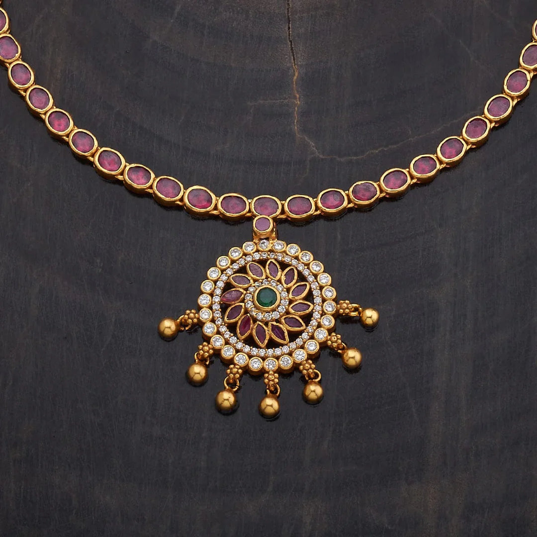 Pure 92.5 Silver Gold-Plated Ruby Necklace with White Stone Mandala Pendant and Gold Beads Danglings