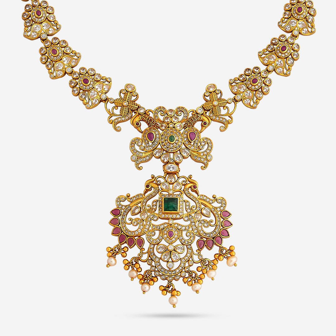 Pure 92.5 Silver, Gold Plated Peacock-Floral Design Necklace with CZ, Ruby, and Emerald Accents