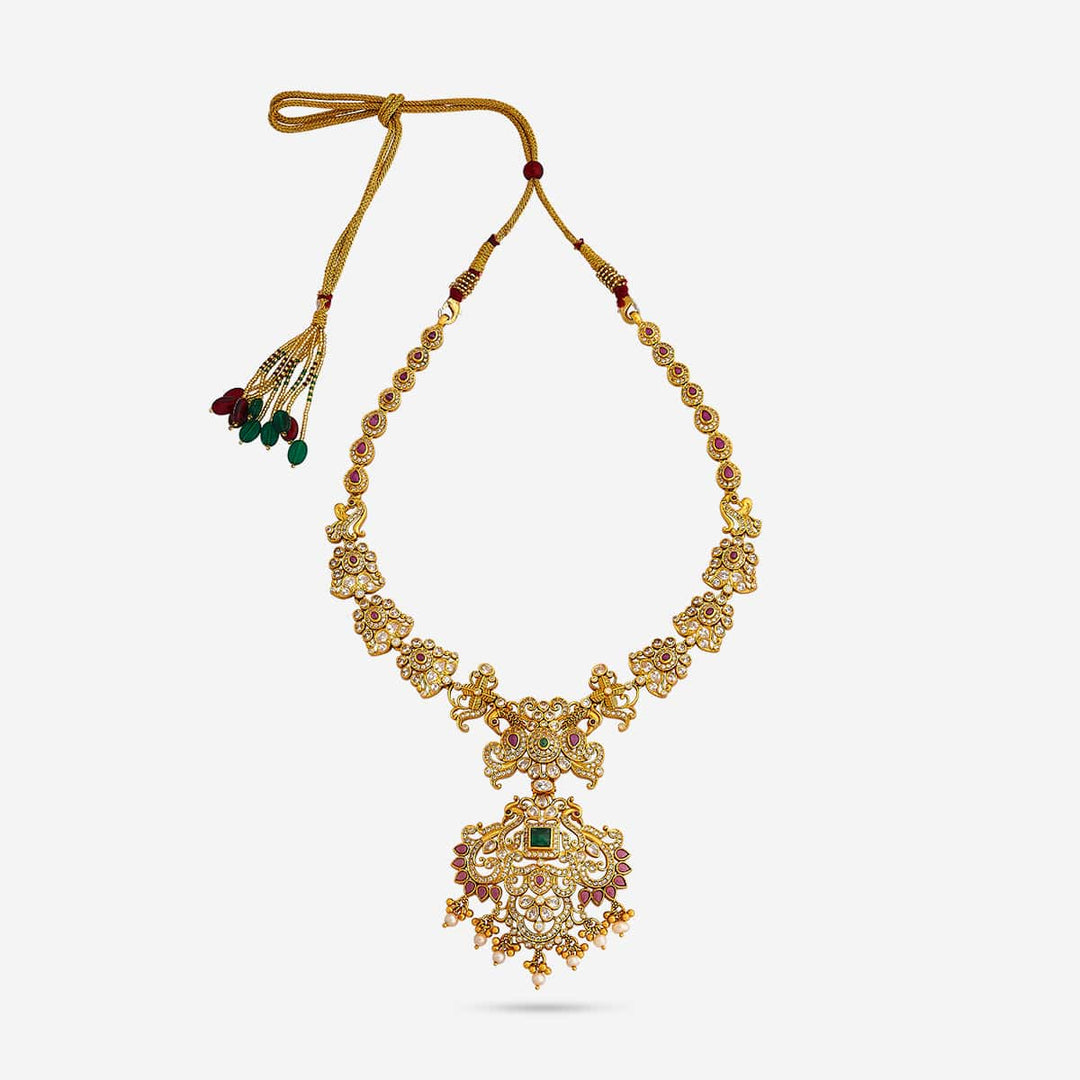 Pure 92.5 Silver, Gold Plated Peacock-Floral Design Necklace with CZ, Ruby, and Emerald Accents