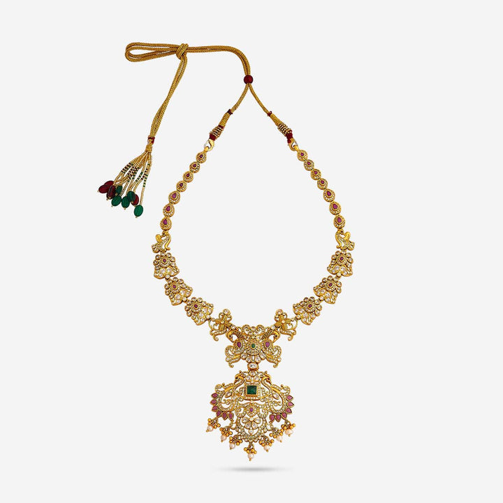 Pure 92.5 Silver, Gold Plated Peacock-Floral Design Necklace with CZ, Ruby, and Emerald Accents