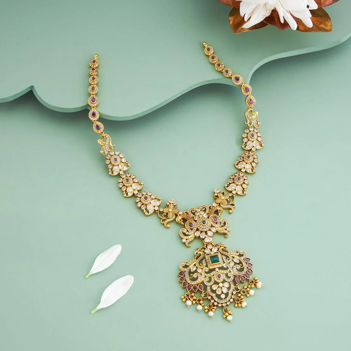 Pure 92.5 Silver, Gold Plated Peacock-Floral Design Necklace with CZ, Ruby, and Emerald Accents