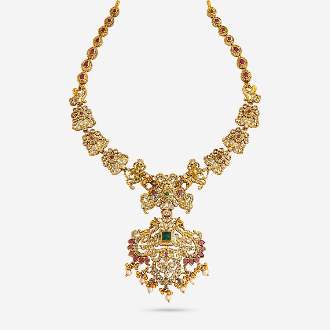 Pure 92.5 Silver, Gold Plated Peacock-Floral Design Necklace with CZ, Ruby, and Emerald Accents