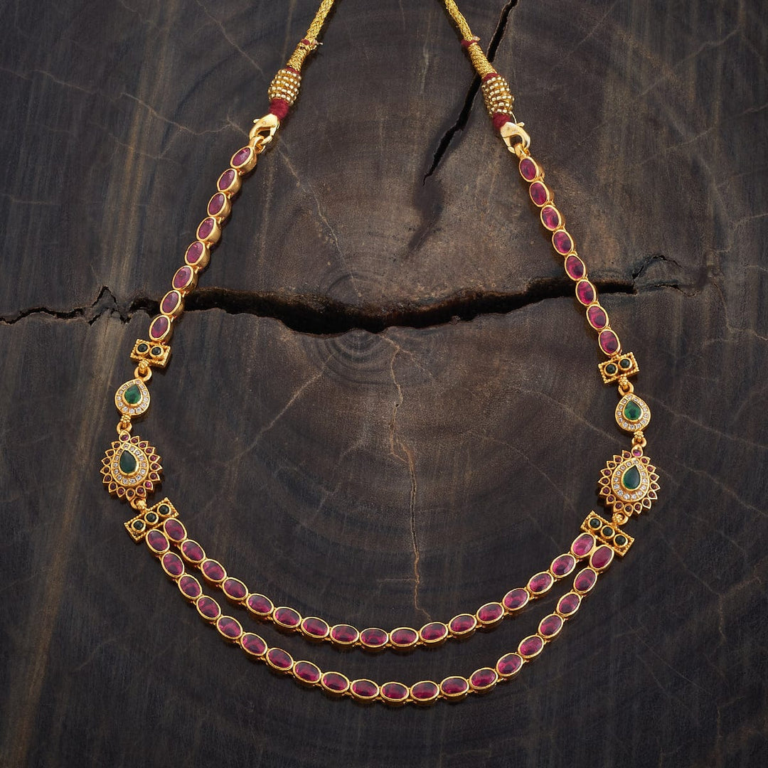Pure 92.5 Silver, Gold Plated Two Strands of Oval Ruby Stones and Green Accents Necklace