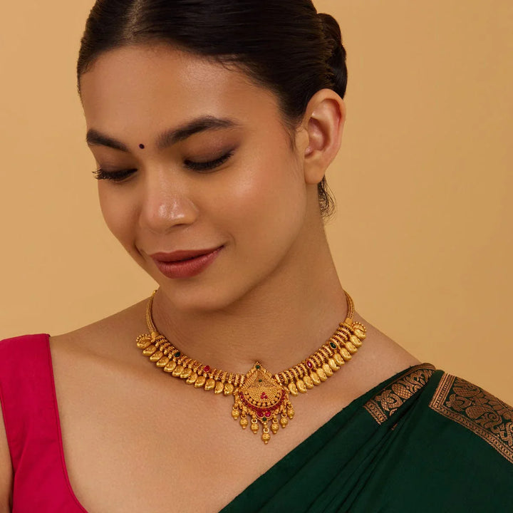 Pure 92.5 Silver, Gold Plated Necklace with Mango Motif Units And Pendant
