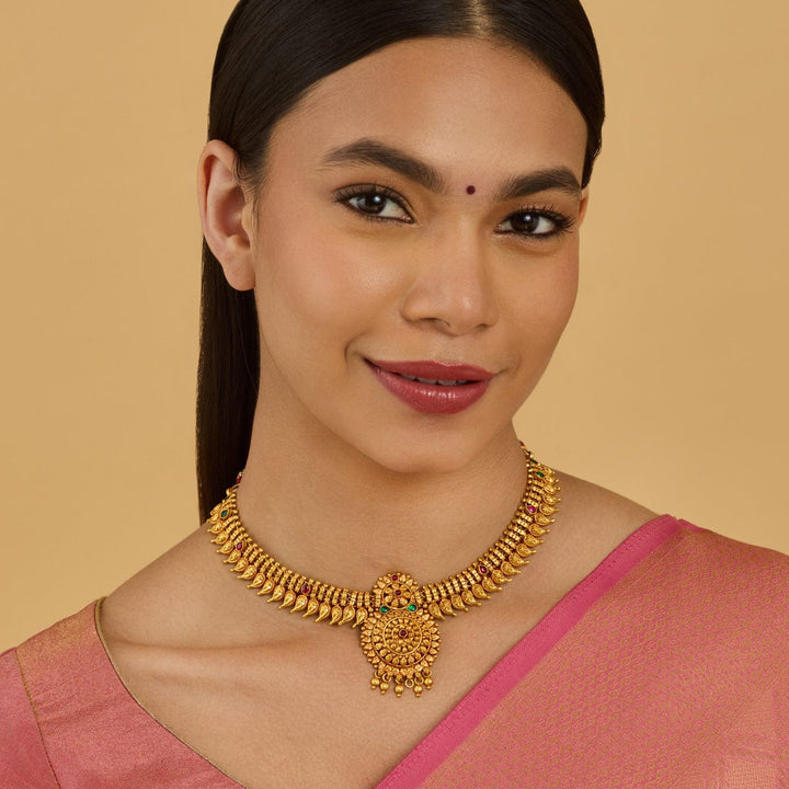 Pure 92.5 Silver Ornate Gold-Plated Antique Finish Necklace with Ruby and Emerald Embellishments