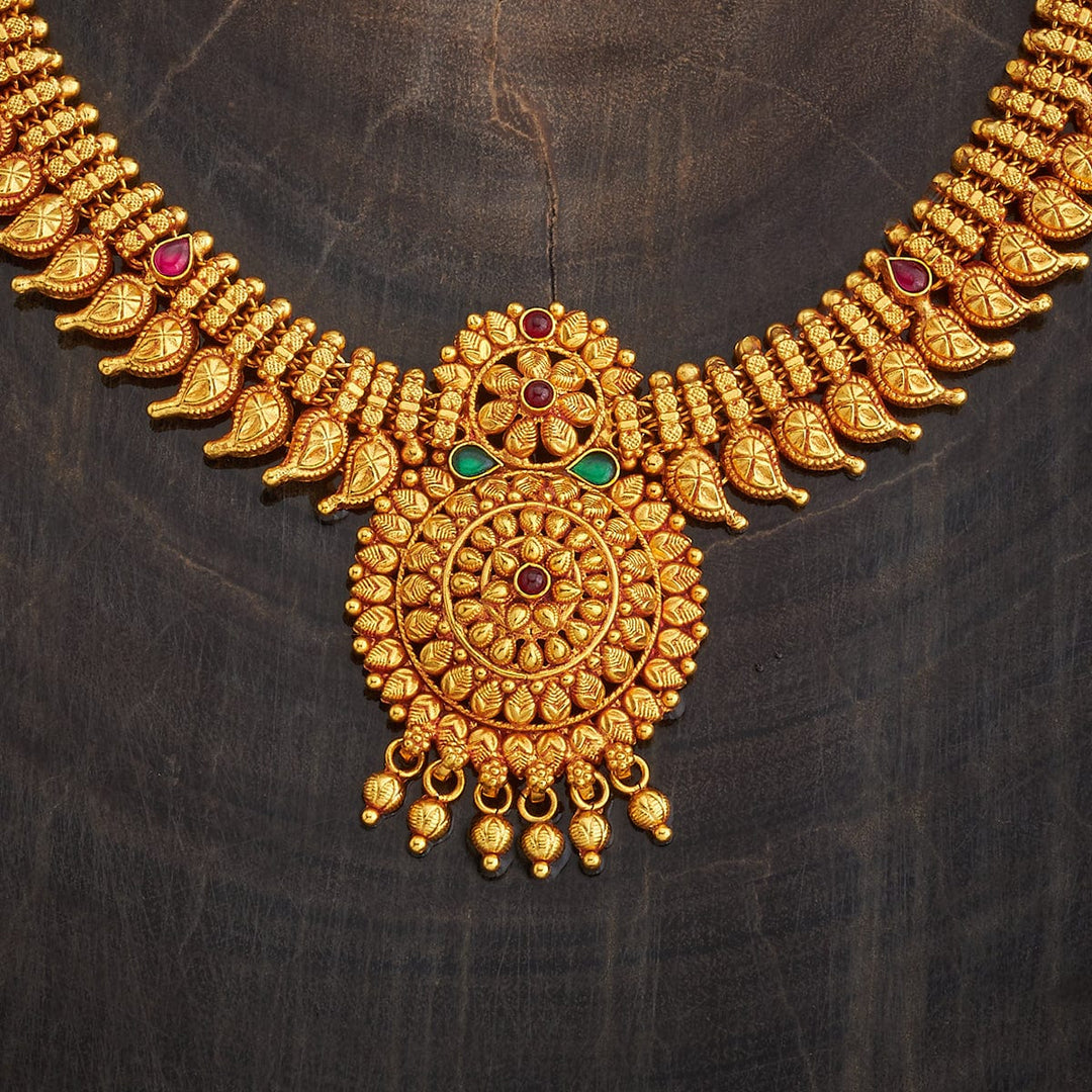 Pure 92.5 Silver Ornate Gold-Plated Antique Finish Necklace with Ruby and Emerald Embellishments