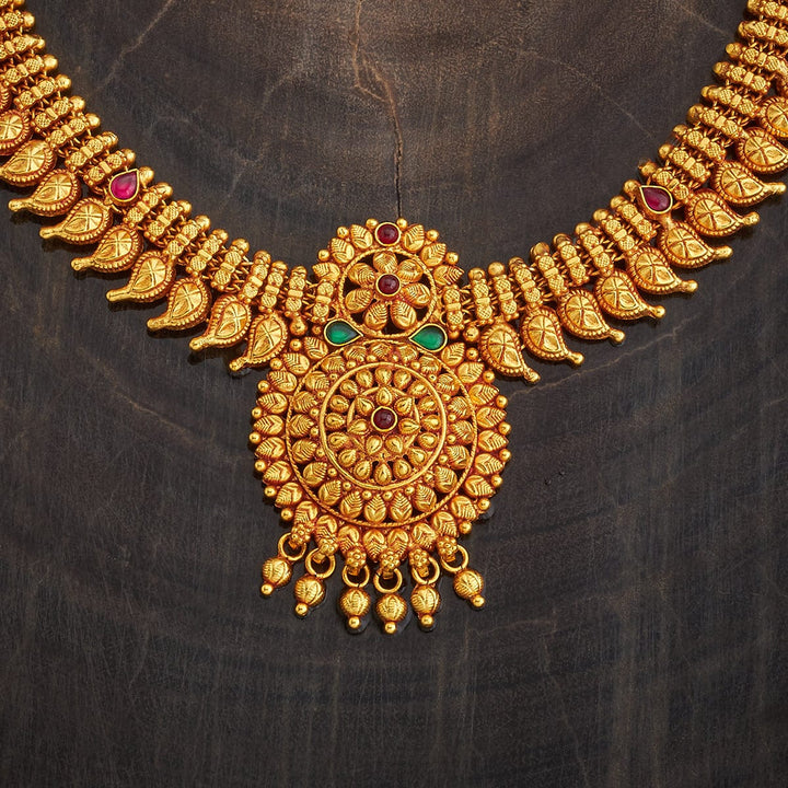 Pure 92.5 Silver Ornate Gold-Plated Antique Finish Necklace with Ruby and Emerald Embellishments