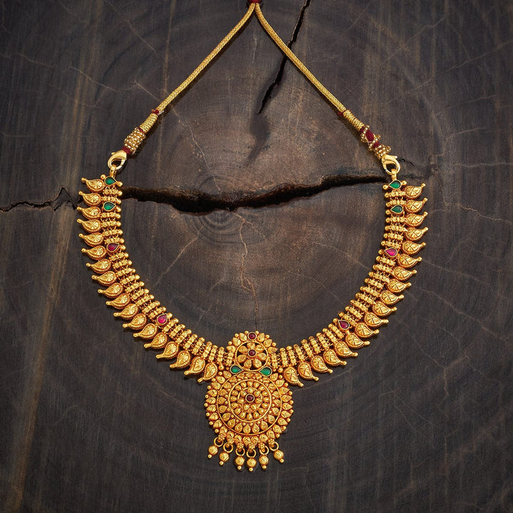 Pure 92.5 Silver Ornate Gold-Plated Antique Finish Necklace with Ruby and Emerald Embellishments