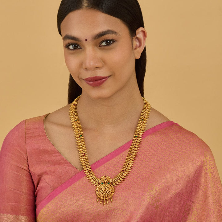 Pure 92.5 Silver, Gold Plated Traditional Mango Motifs Haram with Ruby-Green Accents and Central Floral Design
