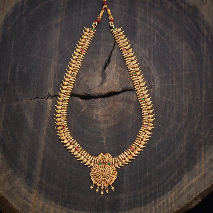 Pure 92.5 Silver, Gold Plated Traditional Mango Motifs Haram with Ruby-Green Accents and Central Floral Design