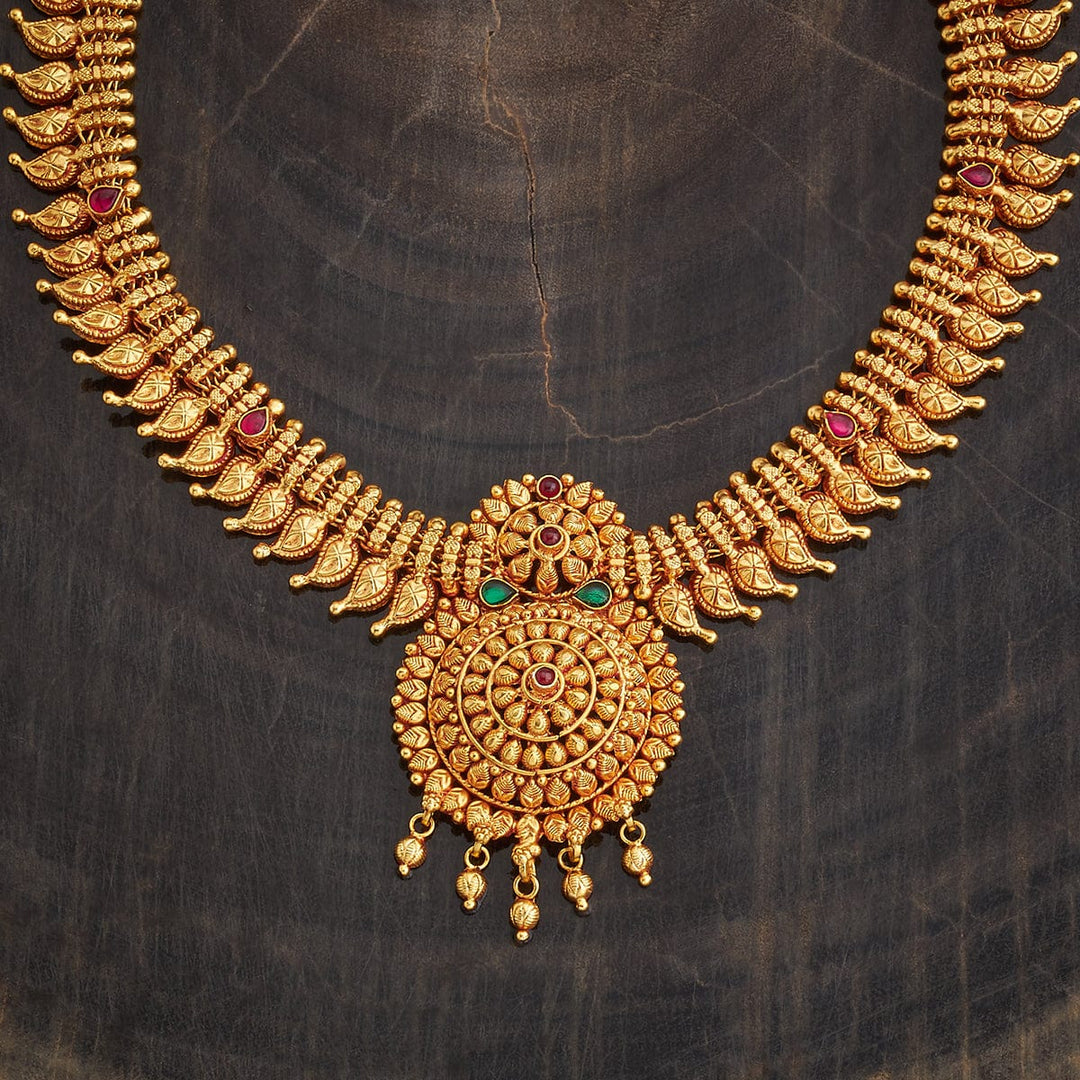 Pure 92.5 Silver, Gold Plated Traditional Mango Motifs Haram with Ruby-Green Accents and Central Floral Design