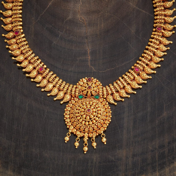 Pure 92.5 Silver, Gold Plated Traditional Mango Motifs Haram with Ruby-Green Accents and Central Floral Design