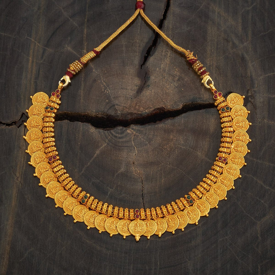 92.5 Pure Silver Temple Design Lakshmi Kasu Short Necklace With Red-Green Stone