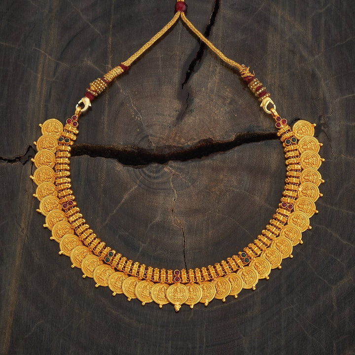 92.5 Pure Silver Temple Design Lakshmi Kasu Short Necklace With Red-Green Stone