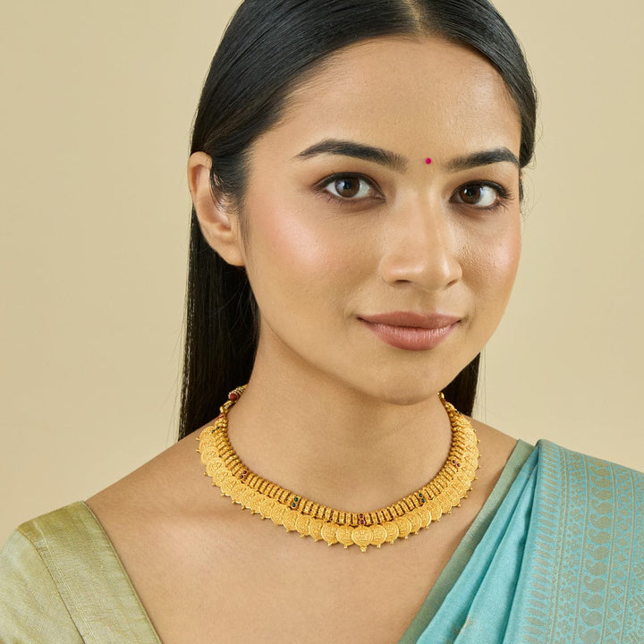 92.5 Pure Silver Temple Design Lakshmi Kasu Short Necklace With Red-Green Stone