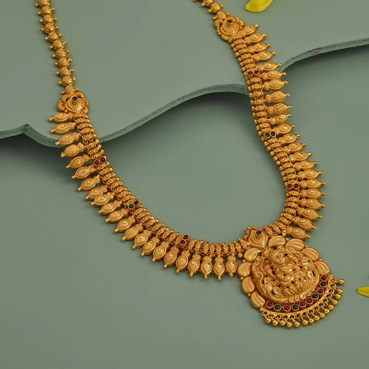 92.5 Silver Gold-Plated Lakshmi Temple Jewellery Long Necklace Haram
