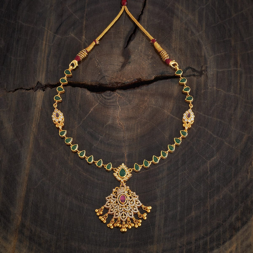 Pure 92.5 Silver Gold-Plated Ruby, Green and White Stone Contemporary Necklace