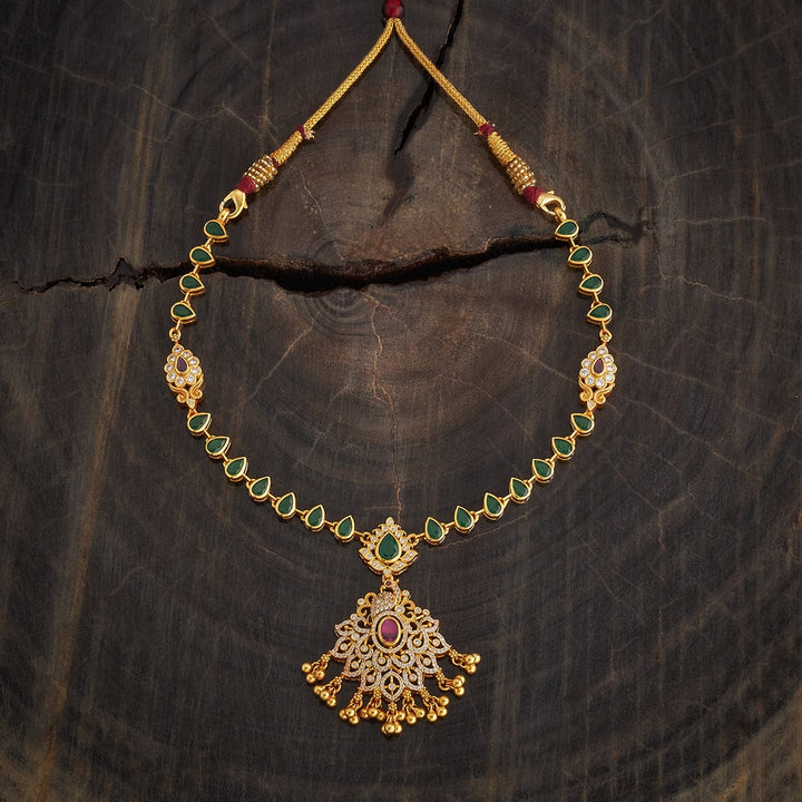 Pure 92.5 Silver Gold-Plated Ruby, Green and White Stone Contemporary Necklace
