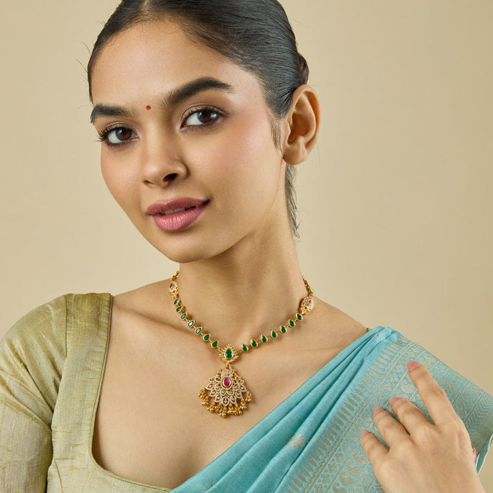 Pure 92.5 Silver Gold-Plated Ruby, Green and White Stone Contemporary Necklace