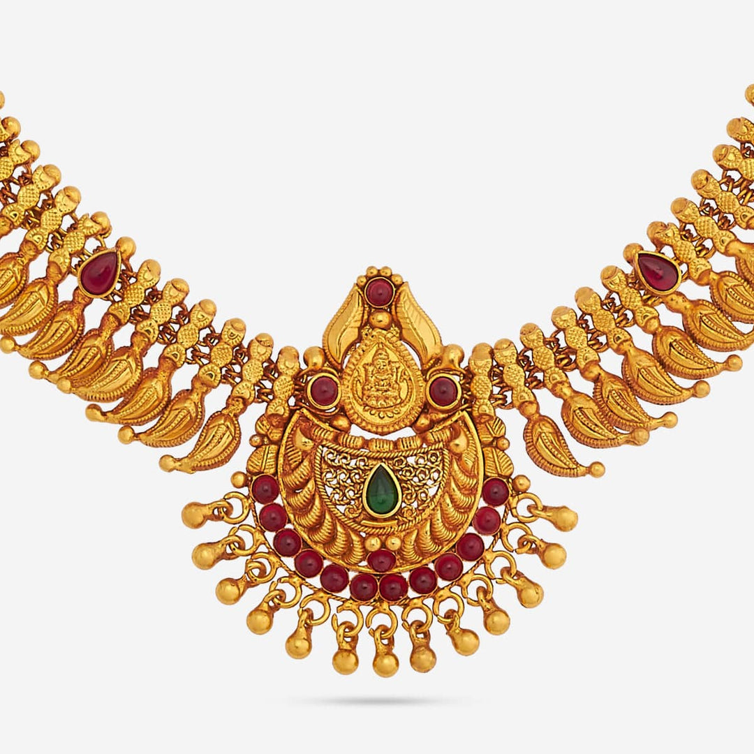 Pure 92.5 Silver, Gold Plated Traditional Mango Design Necklace with Ruby Accents and Intricate Pendant