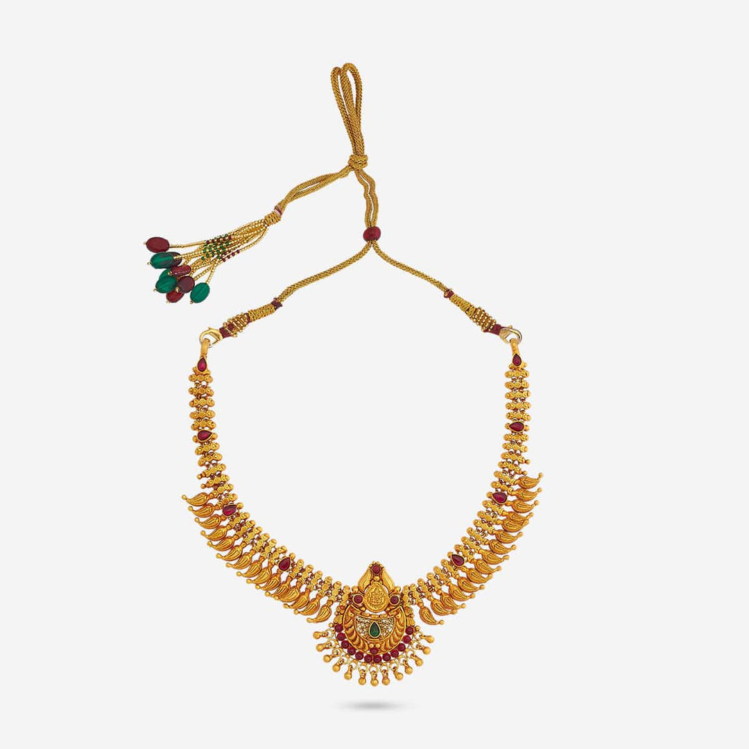 Pure 92.5 Silver, Gold Plated Traditional Mango Design Necklace with Ruby Accents and Intricate Pendant