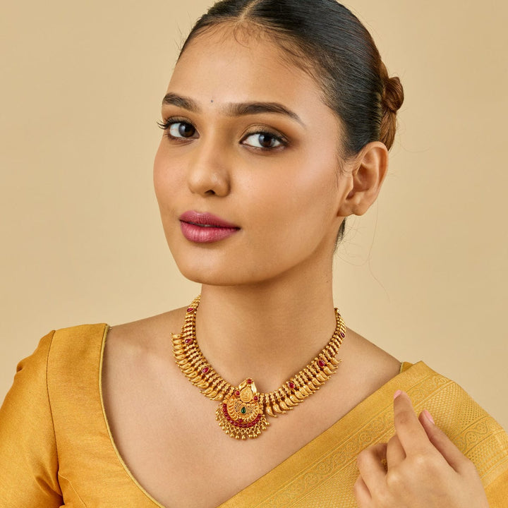 Pure 92.5 Silver, Gold Plated Traditional Mango Design Necklace with Ruby Accents and Intricate Pendant