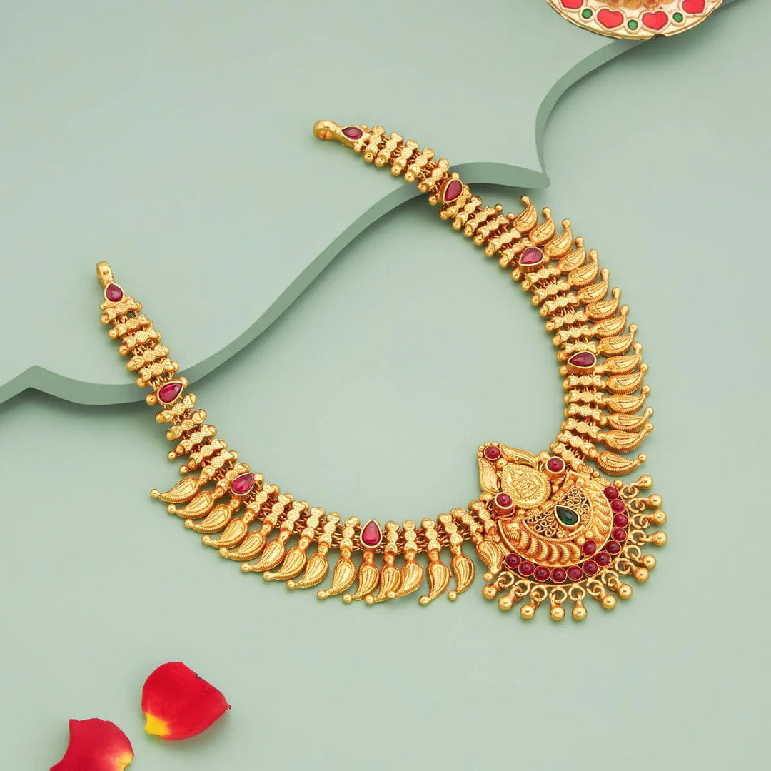 Pure 92.5 Silver, Gold Plated Traditional Mango Design Necklace with Ruby Accents and Intricate Pendant