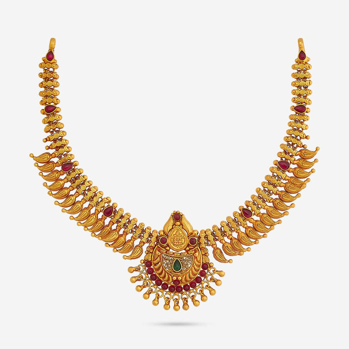 Pure 92.5 Silver, Gold Plated Traditional Mango Design Necklace with Ruby Accents and Intricate Pendant