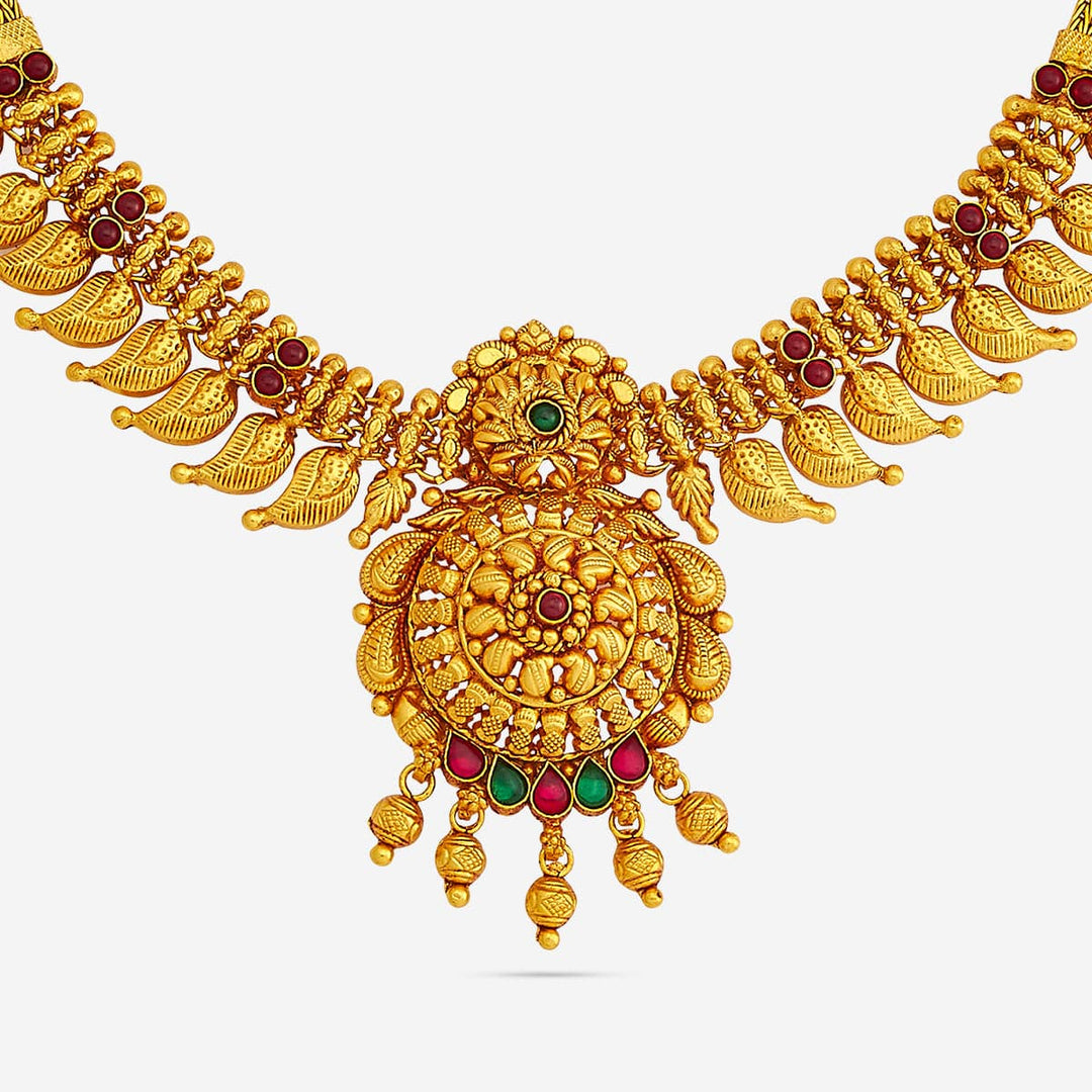 Pure 92.5 Silver, Gold Plated Traditional Mango Design Necklace with Ruby-Green Accents and Floral Pendant