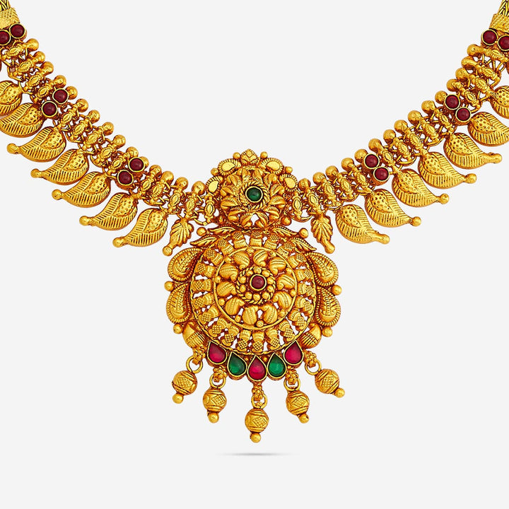Pure 92.5 Silver, Gold Plated Traditional Mango Design Necklace with Ruby-Green Accents and Floral Pendant