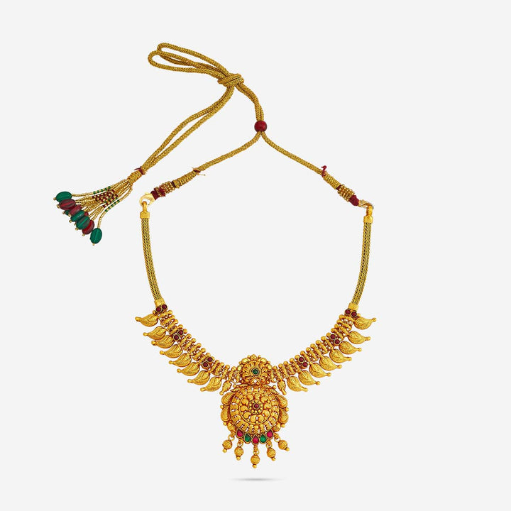 Pure 92.5 Silver, Gold Plated Traditional Mango Design Necklace with Ruby-Green Accents and Floral Pendant