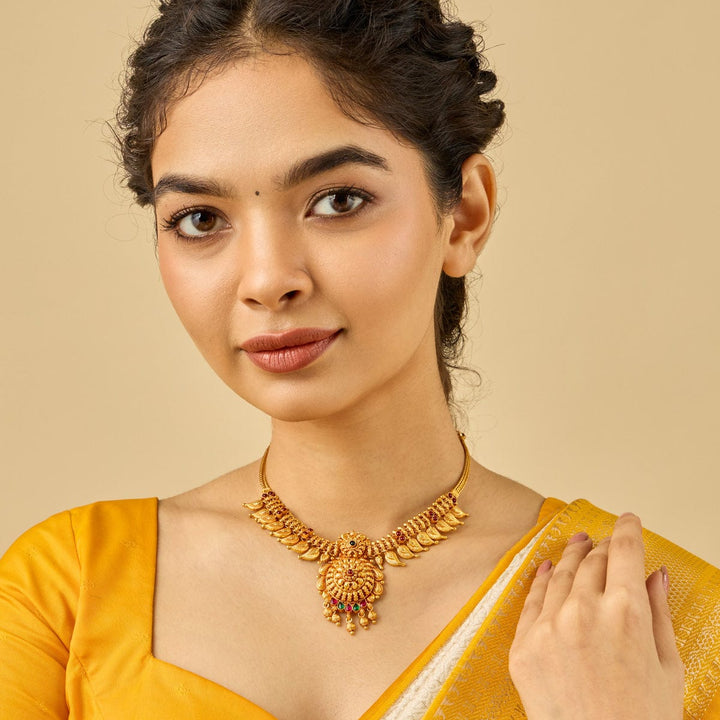 Pure 92.5 Silver, Gold Plated Traditional Mango Design Necklace with Ruby-Green Accents and Floral Pendant