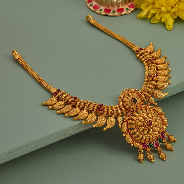 Pure 92.5 Silver, Gold Plated Traditional Mango Design Necklace with Ruby-Green Accents and Floral Pendant